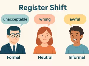 Register Shift: formal / neutral / informal adjective replacements