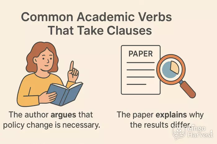 academic verbs clauses argues explains