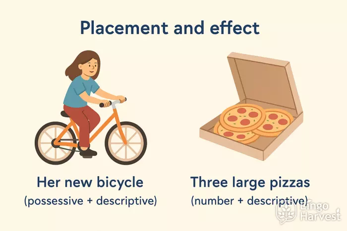 adjective placement her bicycle three large pizzas