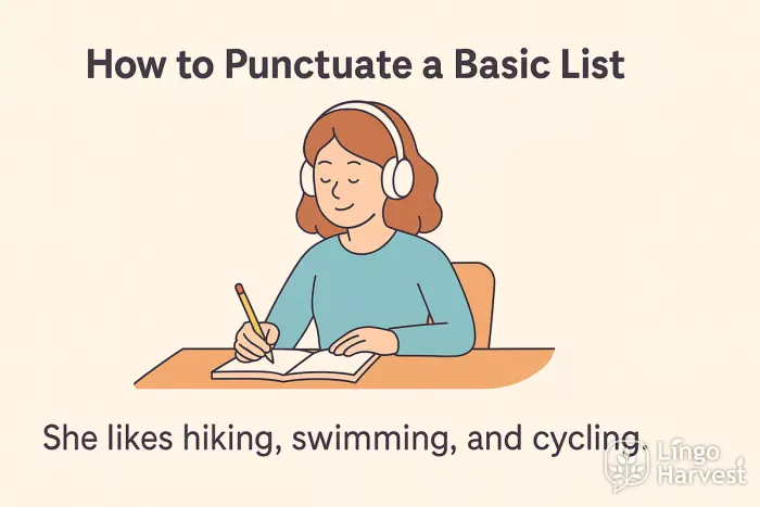 commas basic list hiking swimming cycling