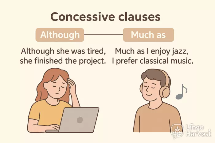 concessive clauses although much as