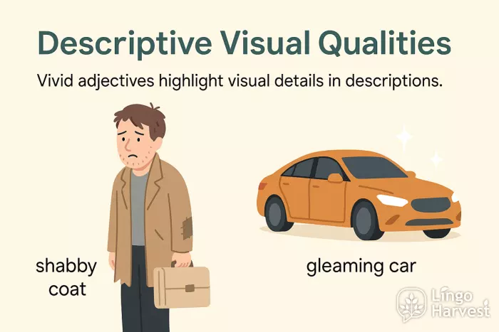 descriptive visual qualities shabby coat gleaming car