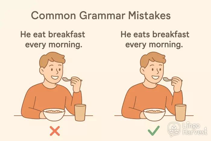 grammar mistake he eats