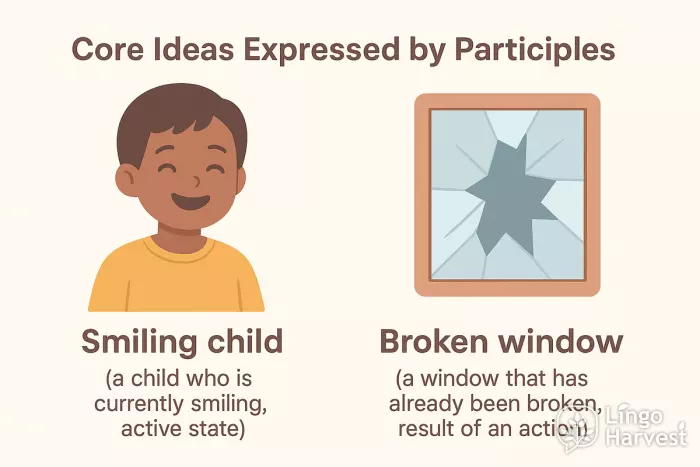 participles smiling child broken window