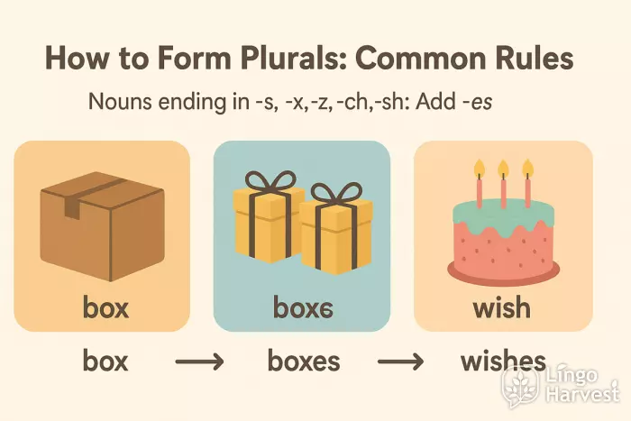 plural nouns add es boxes wishes