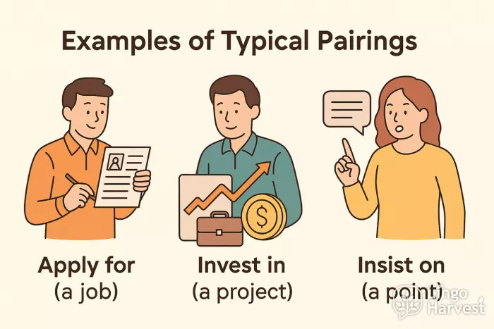 verb preposition pairings apply invest insist