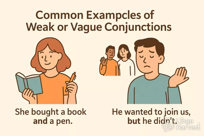weak vague conjunctions examples book pen but
