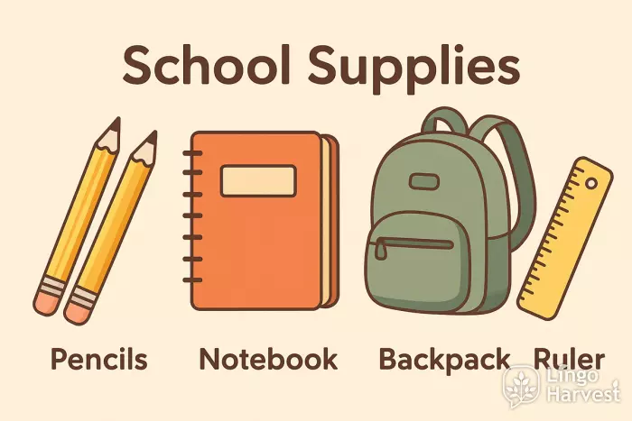 School supplies nouns: pencils, notebook, backpack, and ruler - illustrated