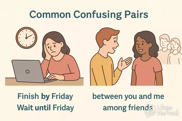 confusing pairs finish by until between among