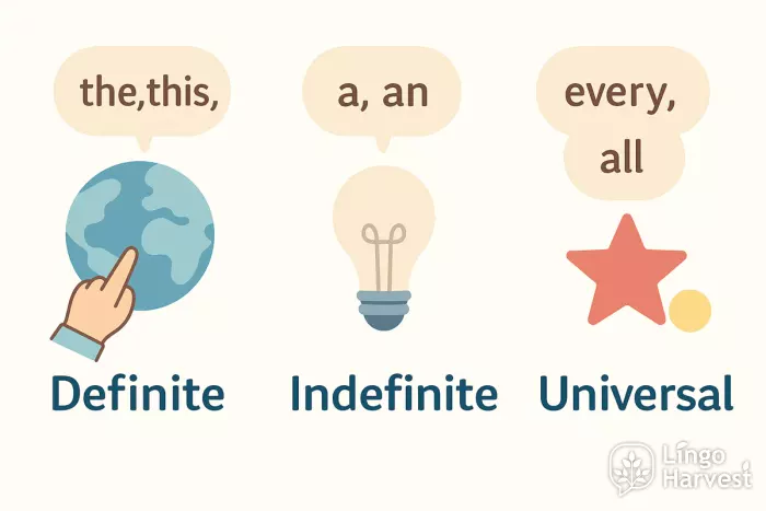 determiner types definite indefinite universal