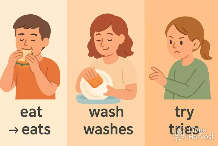 eat eats — wash washes — try tries