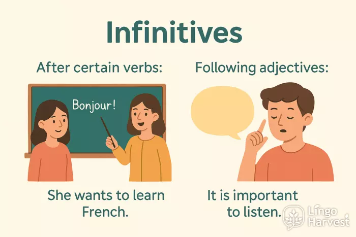 infinitives after verbs, after adjectives