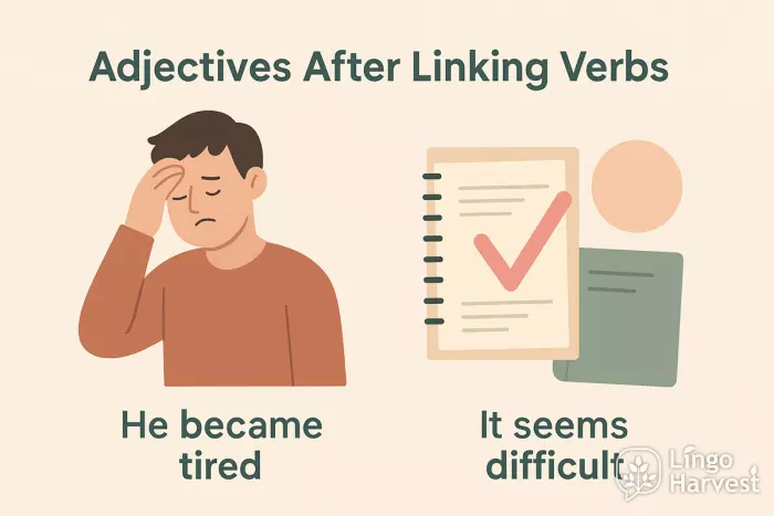 linking verbs adjectives tired difficult