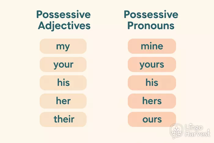 possessive adjectives vs possessive pronouns shown in two columns