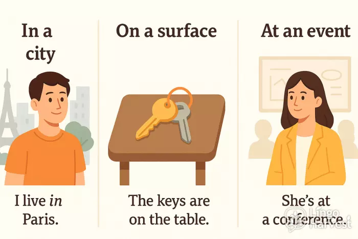 prepositions in on at examples
