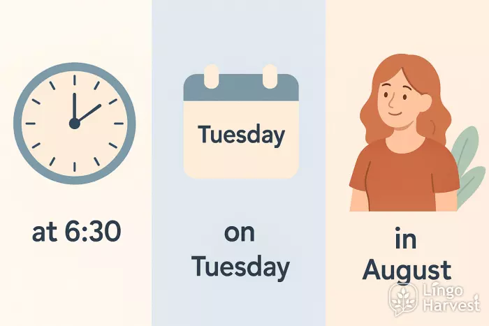 prepositions at 6:30 on Tuesday in August