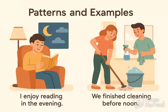 reading evening, cleaning noon