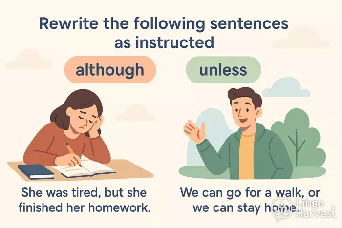 rewrite sentences although unless