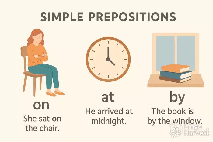 simple prepositions on at by