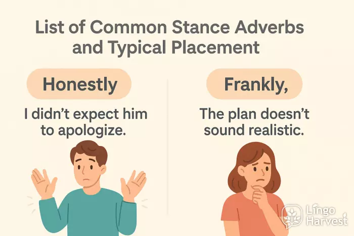 stance adverbs honestly frankly sentence examples