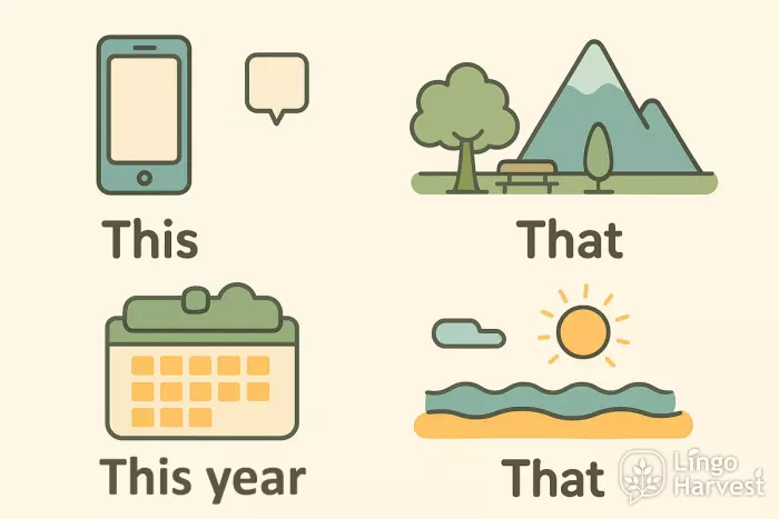 this vs that illustrated with phone, park, calendar, and beach scenes