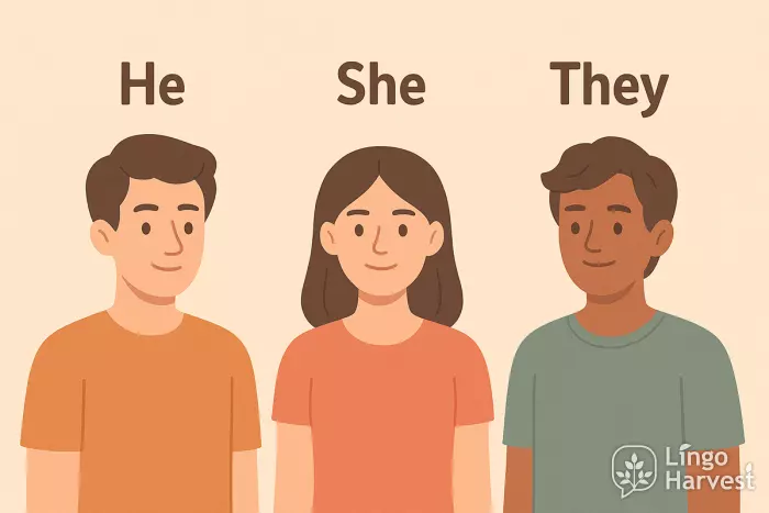 three people representing he, she, and they