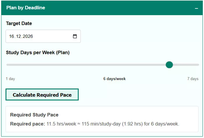 English learning study plan calculator with required weekly pace