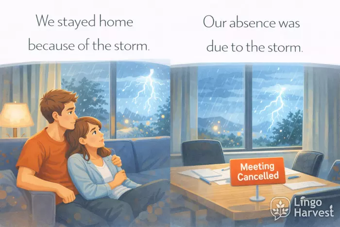 because of vs due to storm, staying home and cancelled meeting