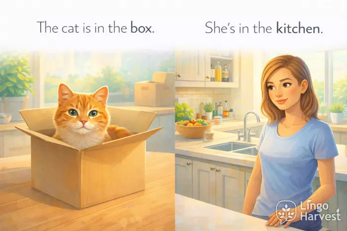 cat in box woman in kitchen
