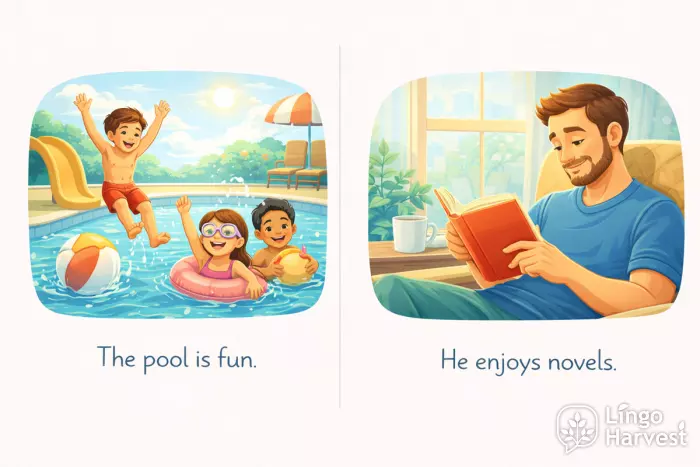 children enjoying pool vs man reading novels