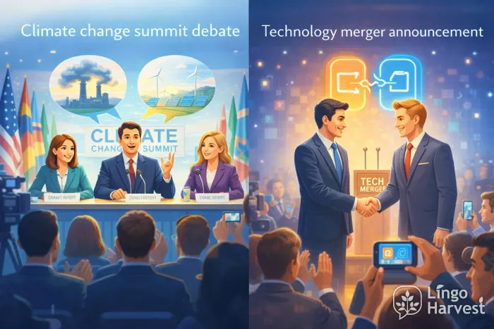climate change summit debate, technology merger handshake