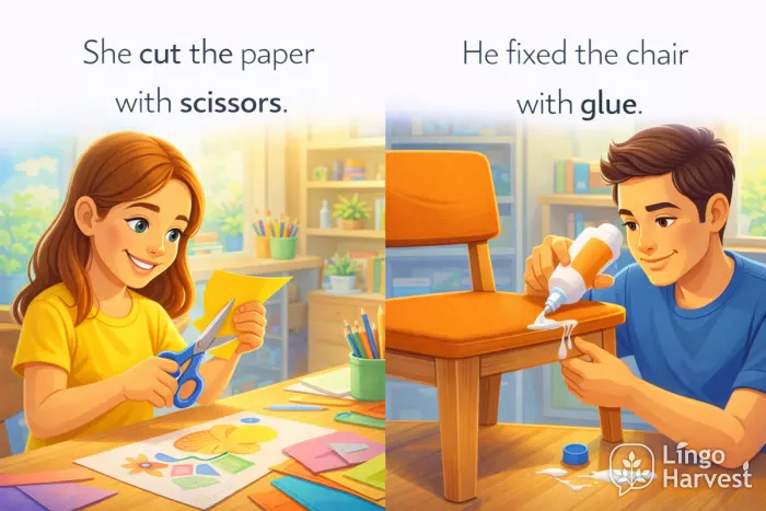 cutting paper scissors fixing chair glue