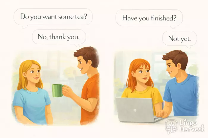 dialogue tea offer polite refusal finished not yet conversation