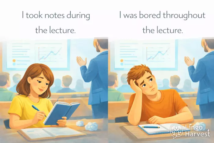 during vs throughout lecture, taking notes and bored student