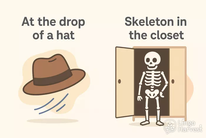 idioms at the drop of a hat skeleton in the closet