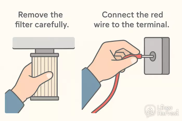 imperative instructions remove filter connect red wire