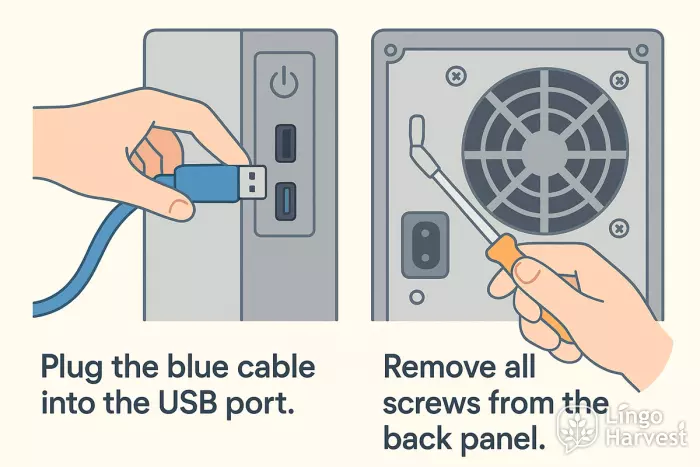 imperative instructions USB cable screws