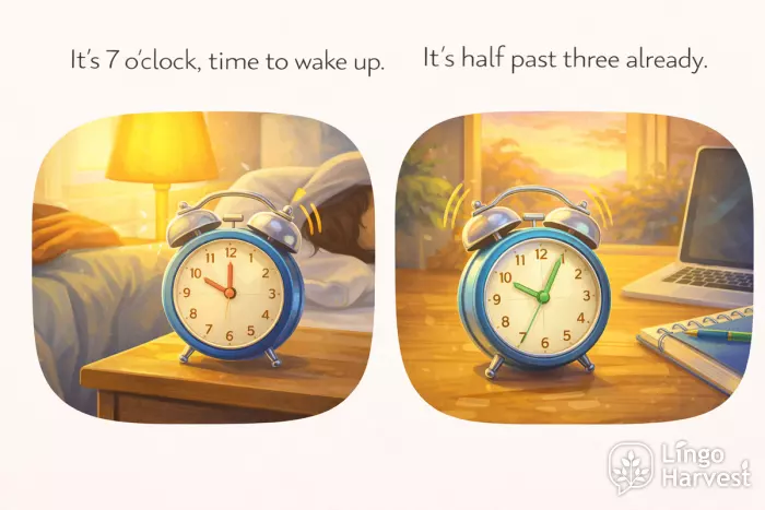 it is time expressions telling time seven oclock half past three
