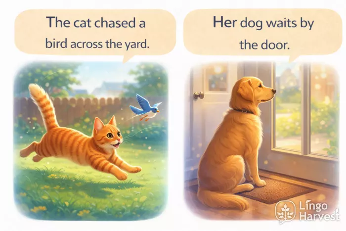 pet actions cat chasing bird dog waiting