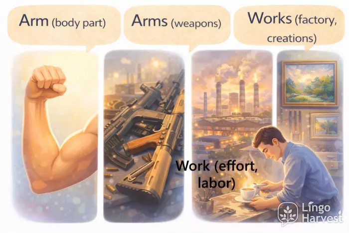 plural nouns with different meanings arm arms work works