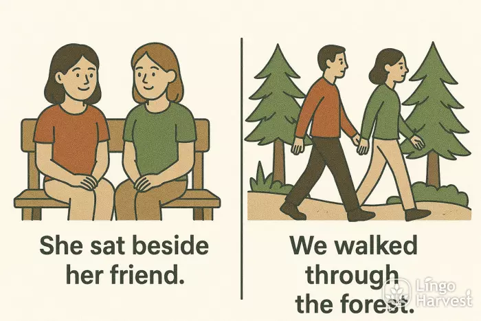 prepositions beside friend through forest examples