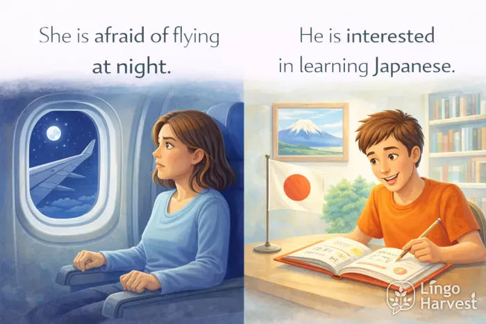 prepositions with gerunds afraid of flying interested in learning Japanese