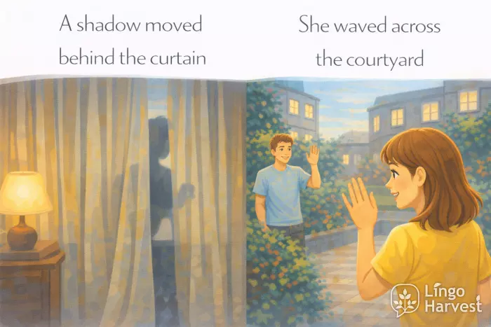 shadow behind curtain and waving across courtyard scene