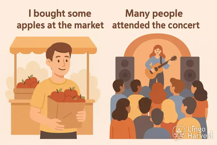 some apples at market and many people at concert