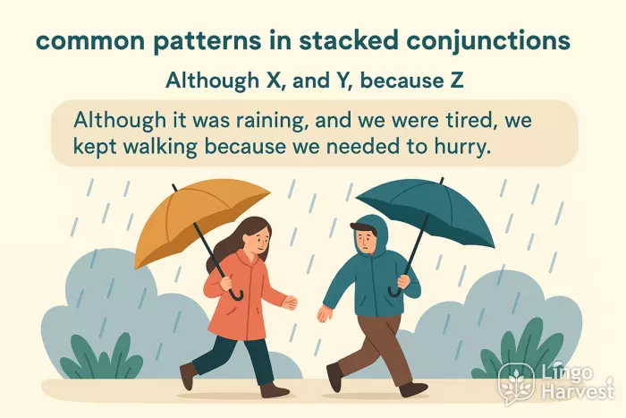 stacked conjunctions raining tired hurry