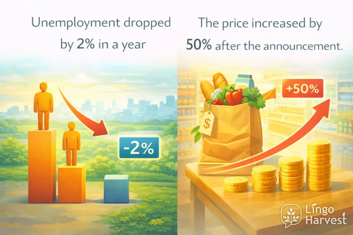 unemployment drop by two percent and price rise by fifty percent