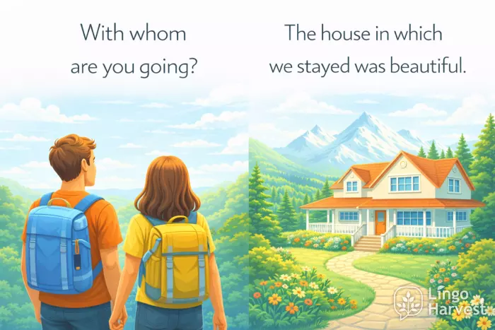 with whom question, relative clause house, travel and home scene