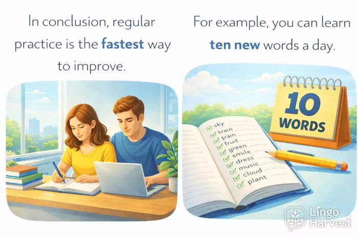 in conclusion for example English usage practice
