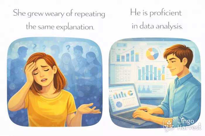advanced sentence examples, weary of repeating, proficient in data analysis
