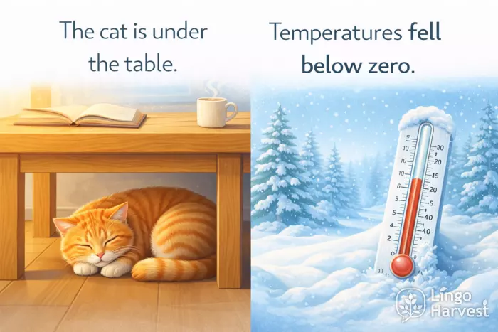 cat under table and below-zero temperature